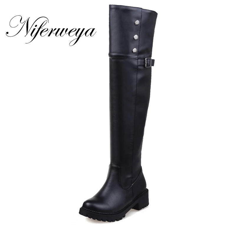 

Big size 30-52 winter women botas fashion solid PU mid heel shoes popular Buckle decoration ladies zipper Over-the-Knee boots