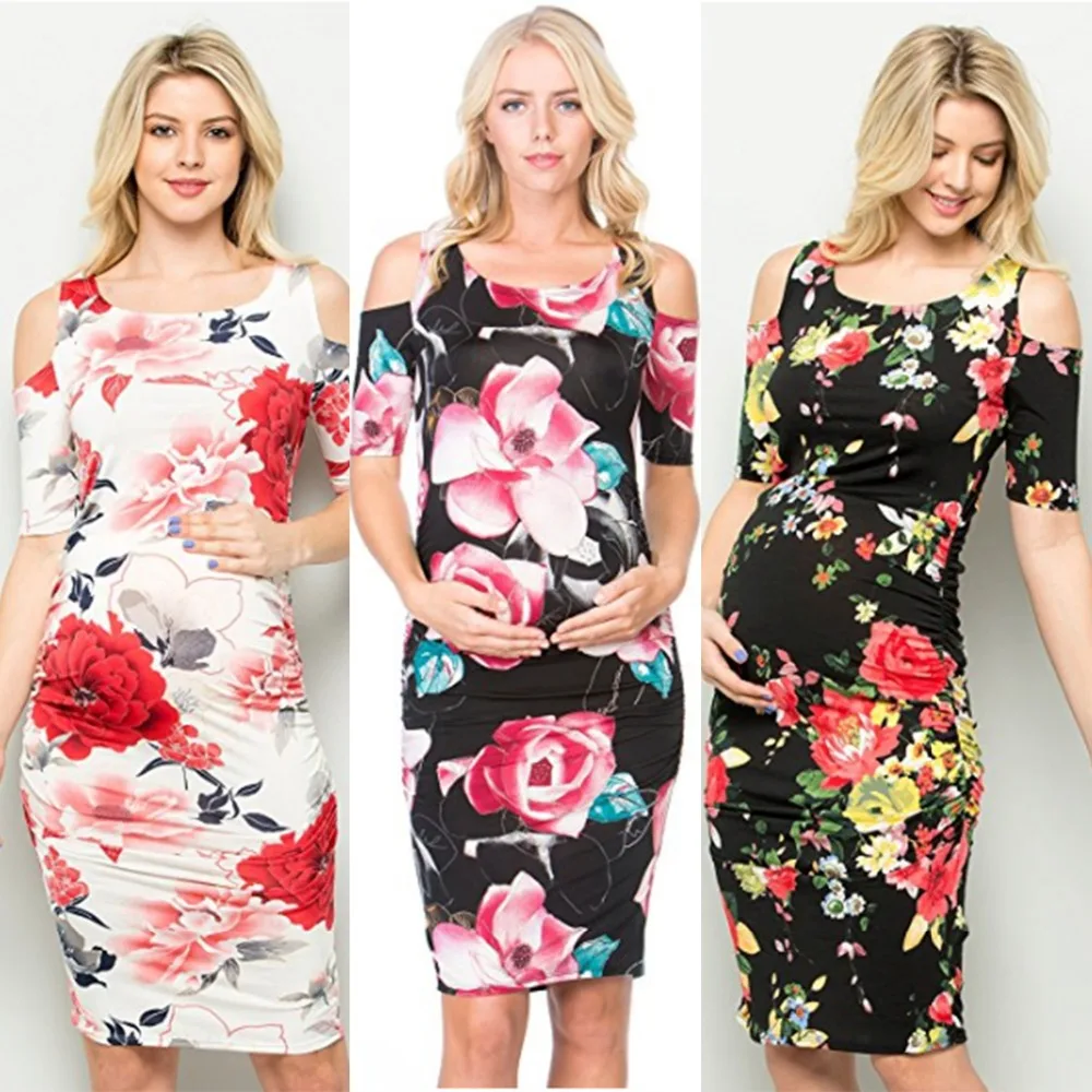 

Puseky Stretch High Waist Short Sleeve Floral Maternity Dress Off Shoulder Pregnant Women Fresh Dresses Bandage Bodycon Dress