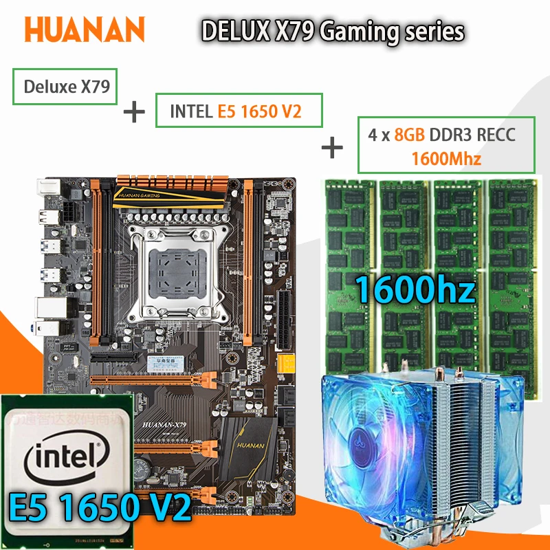 

HUANAN ZHI Deluxe X79 gaming motherboard LGA 2011 ATX CPU E5 1650 V2 SR1AQ 4 x 8G 1600Mhz 32GB DDR3 RECC Memory with cooler
