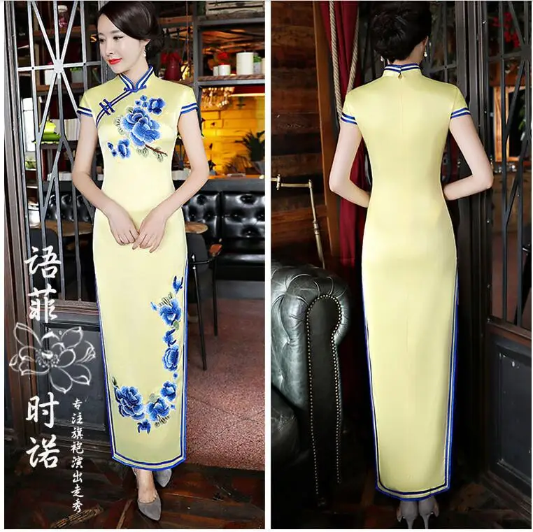 Красный китайский Для женщин атлас Cheongsam элегантный Китай Oriental Платья для женщин сценические костюмы