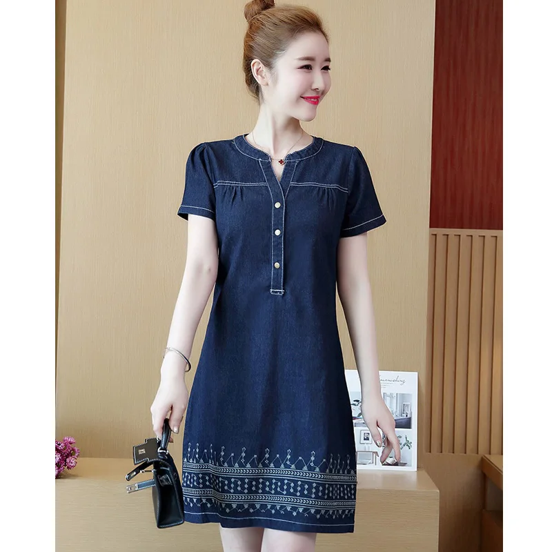 Summer New Women Denim Dress Embroidered Casual Jeans Sexy Short-Sleeve O Neck Slim A Line Denim Dress Female Plus size S-5XL