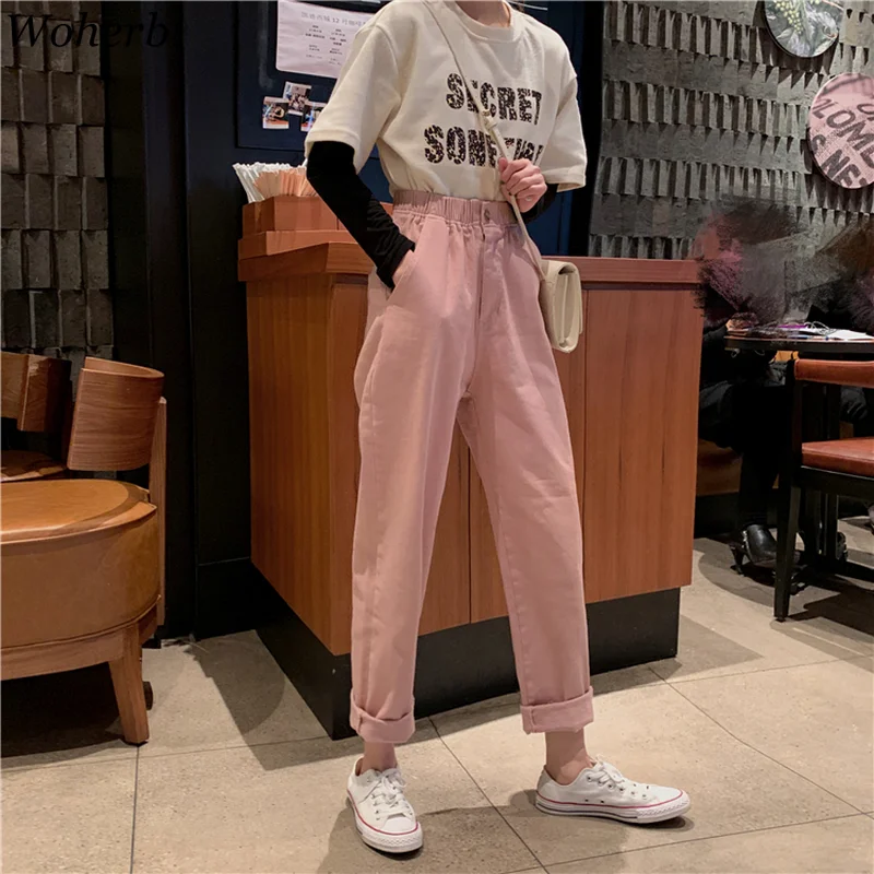 

Woherb Casual Wide Leg Harem Pants Women 2019 Solid Ankle Length Trousers Elastic High Waist Boyfriend Style Loose Pant Femme