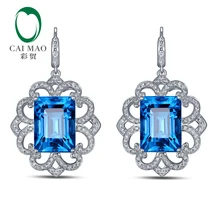 CaiMao 14KT/585 Белое золото 22,85 ct Природный Голубой топаз& 0,89 ct Бриллиант круглой огранки обручальные серьги с драгоценными камнями