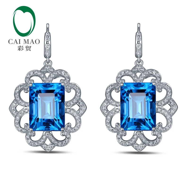 CaiMao 14KT/585 White Gold 22.85 ct Natural Blue Topaz & 0.89 ct Round Cut Diamond Engagement Gemstone Earrings Jewelry