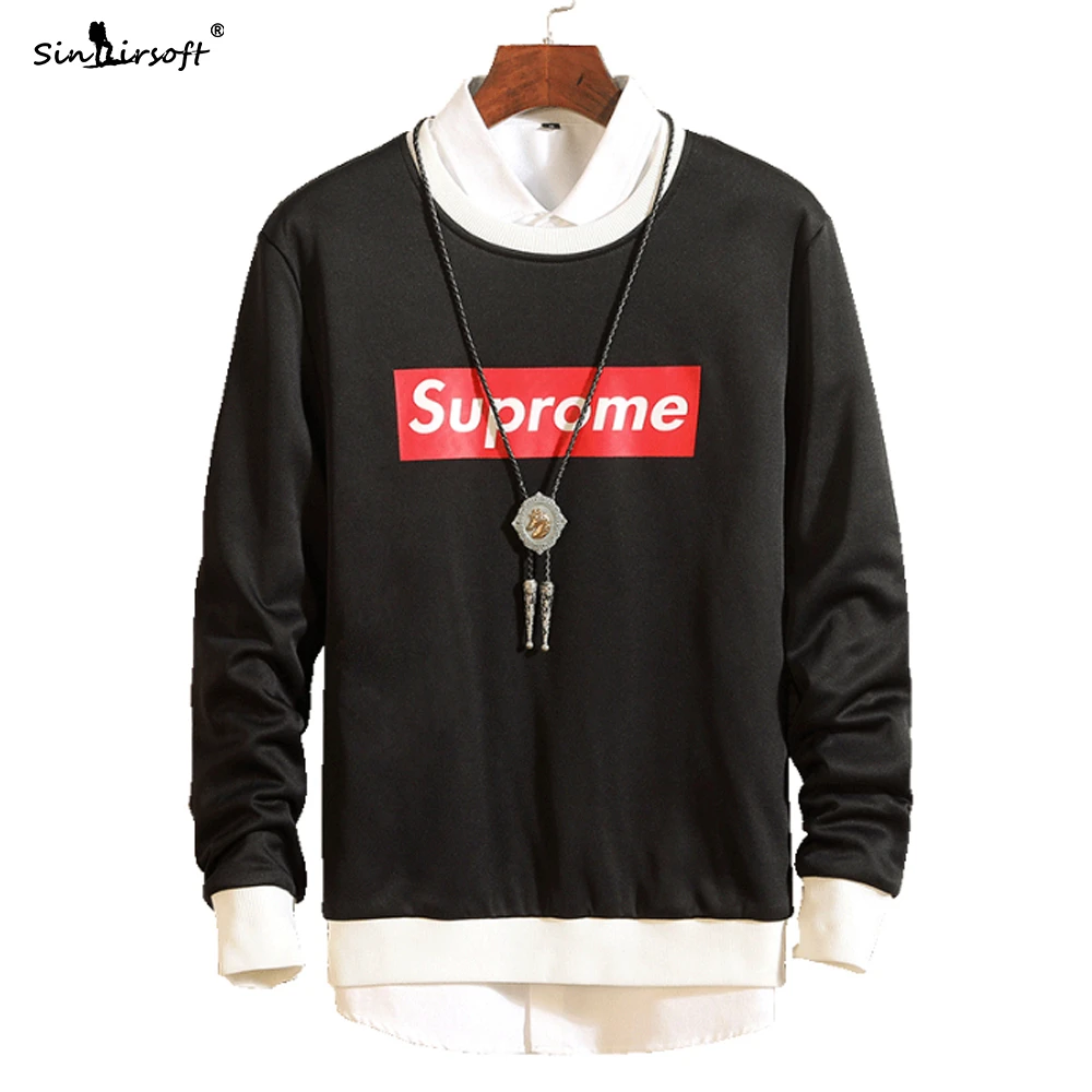 

2019 Autumn Cotton Casual Full-sleeved T-shirt Men Patchwork Letter Pattern Printing Tees Male White Black Fashion Tops Clothing