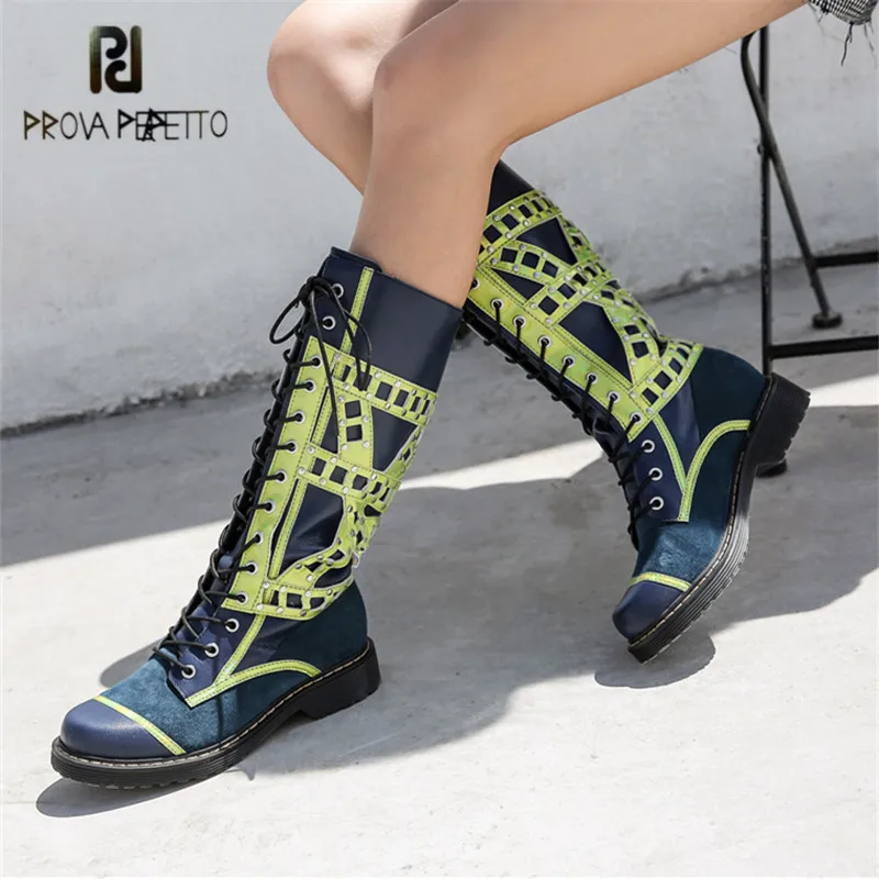 

Prova Perfetto Women High Boots Lace Up Riding Boot Women Autumn Winter Flat Platform Rubber Shoes Woman Two Styles Wear