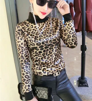

2020 Winter Long Sleeve Turtleneck Leopard T-shirts Women Fashion Leopard Print Satin T-shirts Lady Bodycone Leopard Satin Tops