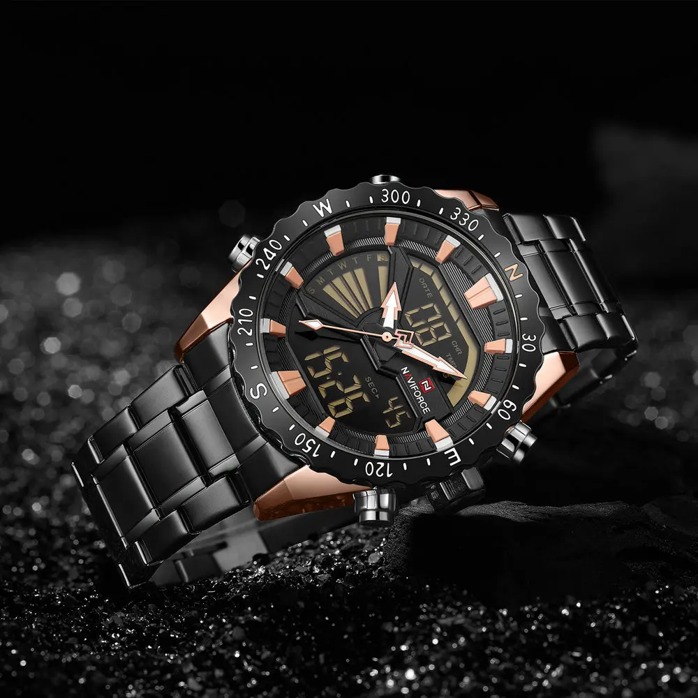 

NAVIFORCE Brand Men Sport Watch Dual Time Quartz LED Digital Clock Ultra Thin Mesh Strap Waterproof Luxury Dress Chic Wristwatch