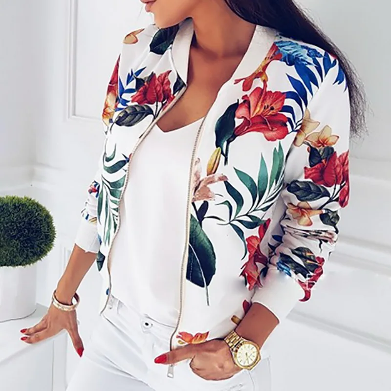 NIBESSER Jackets Women Short Jacket Vintage Floral Printed Long Sleeve Zipper  Autumn Coat Female Biker Streetwear Tops