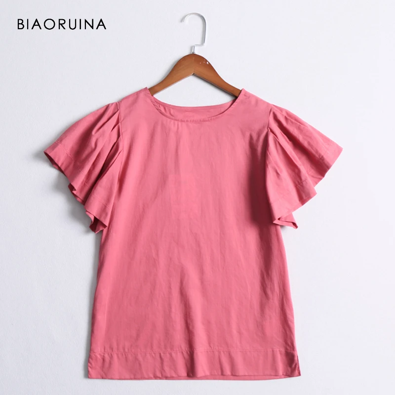 BIAORUINA, женская футболка в японском стиле, милая Однотонная футболка с коротким рукавом-бабочкой, Женская Повседневная хлопковая Базовая футболка с круглым вырезом