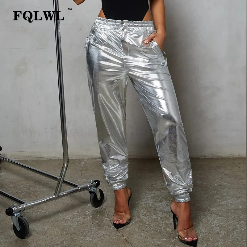 

FQLWL Casual Faux Pu Leather Pants Women Trousers Red Elastic High Waist Loose Pants Female Winter Streetwear Track Harem Pants