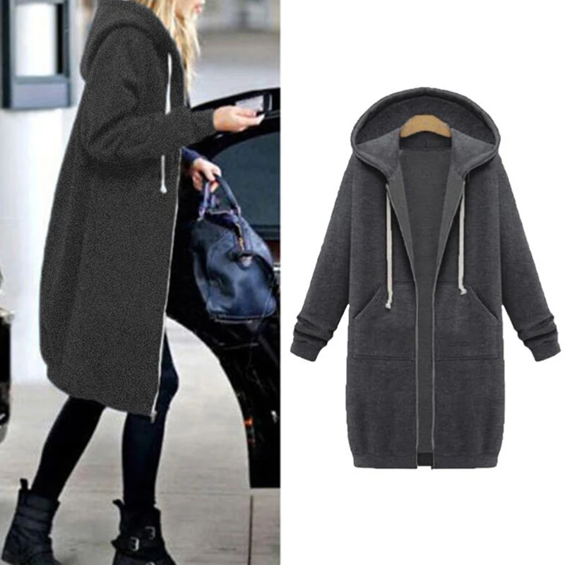 Женское длинное пальто на молнии, куртка с капюшоном, Осень-зима, повседневное свободное Женское пальто, толстовка с капюшоном, куртки, плюс размер 5XL