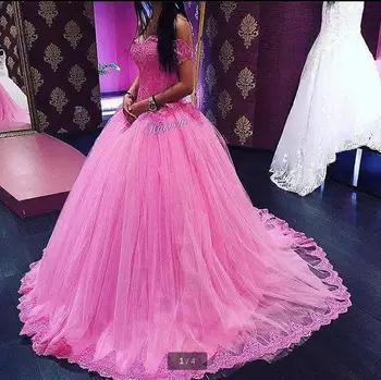 

Off the shoulder Ball Gown Pink Prom Dresses Puffy princess appliques lace Gorgeous prom gowns Formal sweet 16 dress
