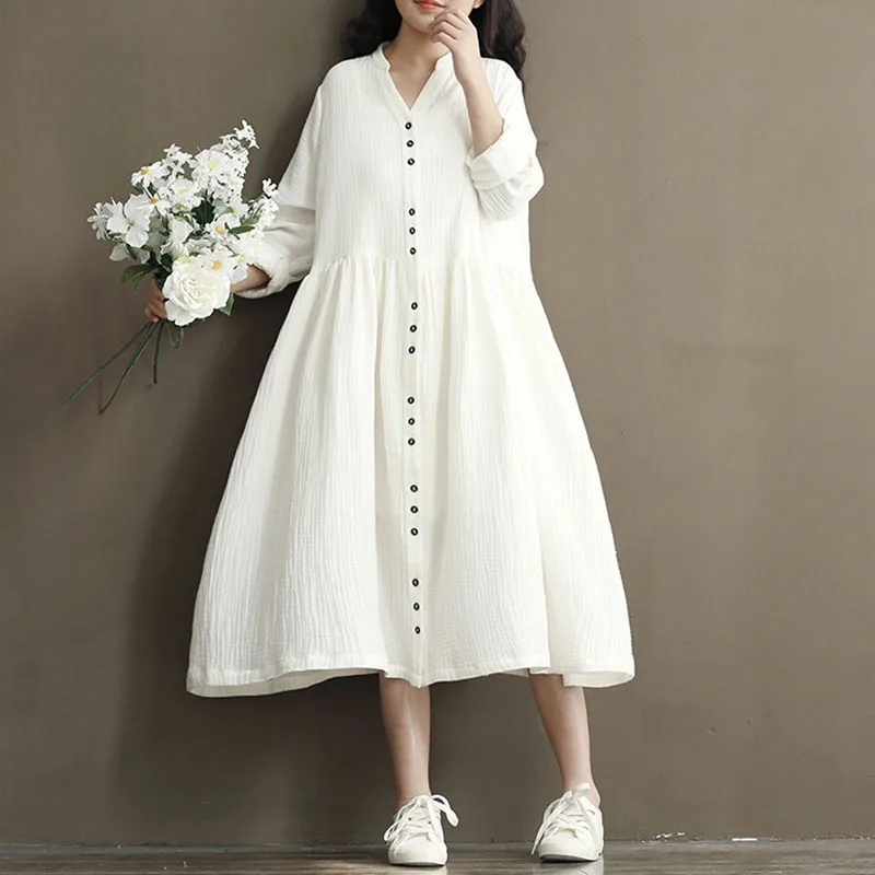 

2019 New Hot Selling Spring New Forest Art Vintage Cotton Long Bat Sleeve Long Sleeve Dress Natural Fashion Casual Full Button