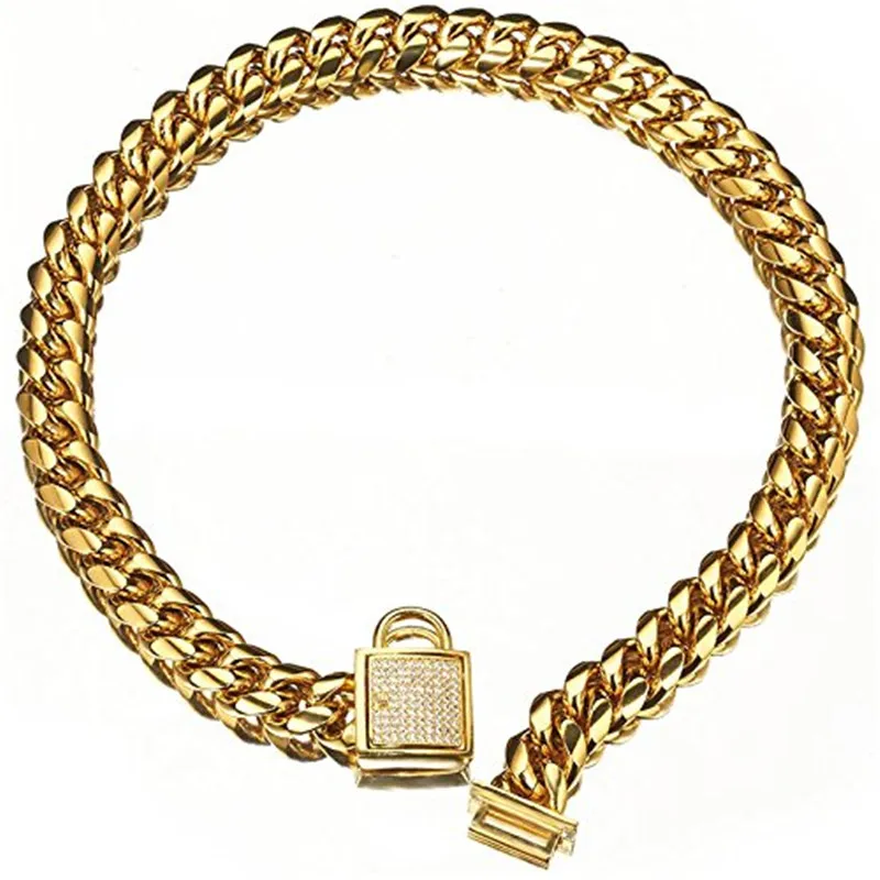 

Pet Collar Stainless Steel Dog Collar Gold Plated Curb Cuban Chain Dog Training Walking Dog Necklace for Small Large Dogs