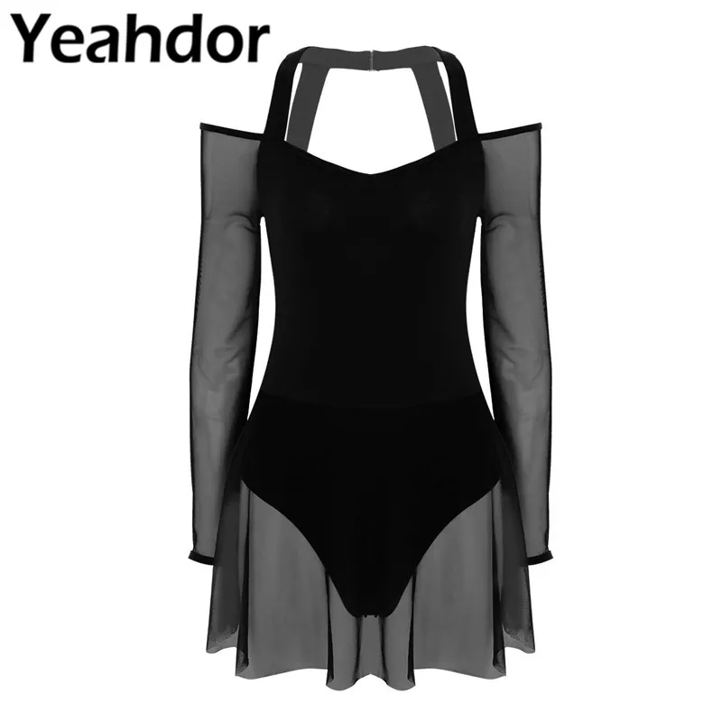 

Female Girl Womens Adult Off The Shoulder Long Sleeve Halter Neck Leotard Bodysuit Stage Performance Exercise Ballet Dance Dress