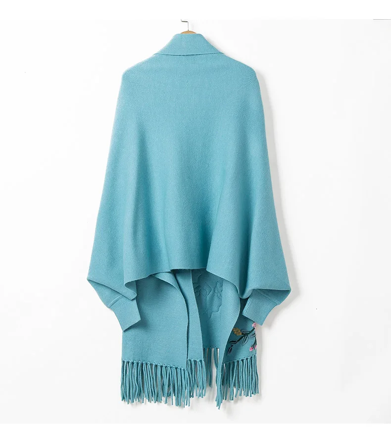 Горячее предложение шарфы для женщин шаль вышивать толстые теплые пончо с кисточками с рукавом Цветочные Зимний шарф накидка для Для