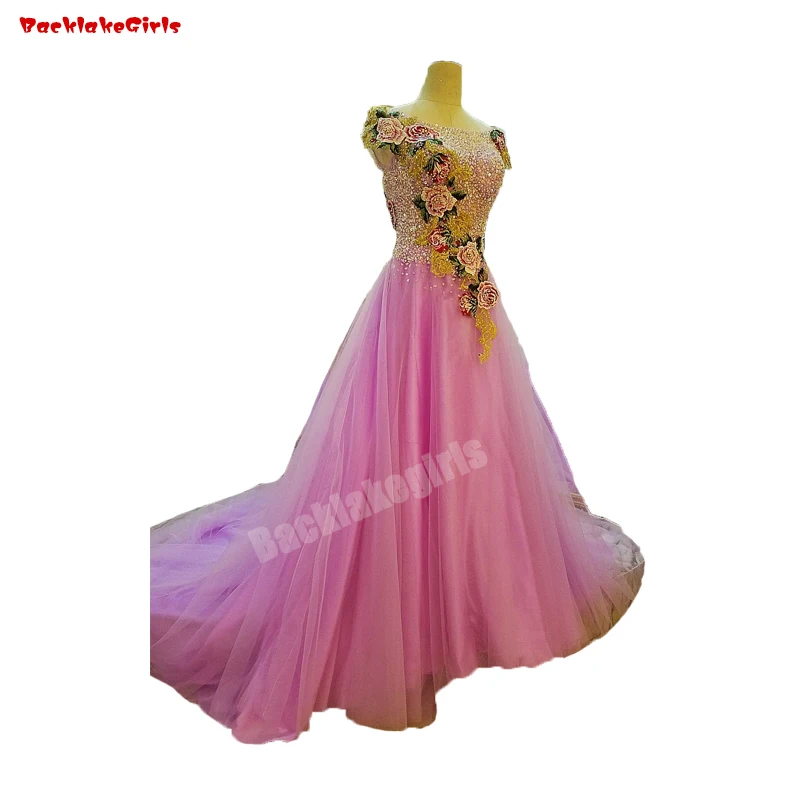 

55208 Light Pink Wedding Dress`Beautiful Flower Print Off Shoulder Sequined Bridal Dress
