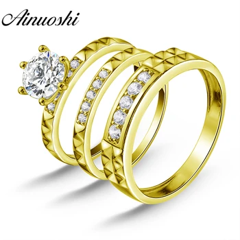 

AINUOSHI Real Gold TRIO Couple Rings Channel Setting Male Band Engagement Jewelry 14K Yellow Gold Bridal Set Wedding Rings Set