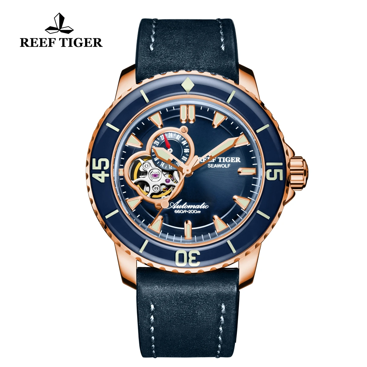 Reef Tiger/RT спортивные часы для дайвинга мужские 200 м водонепроницаемые часы с черным кожаным ремешком супер светящиеся часы RGA3039-PBBC - Цвет: RGA3039-PLBC