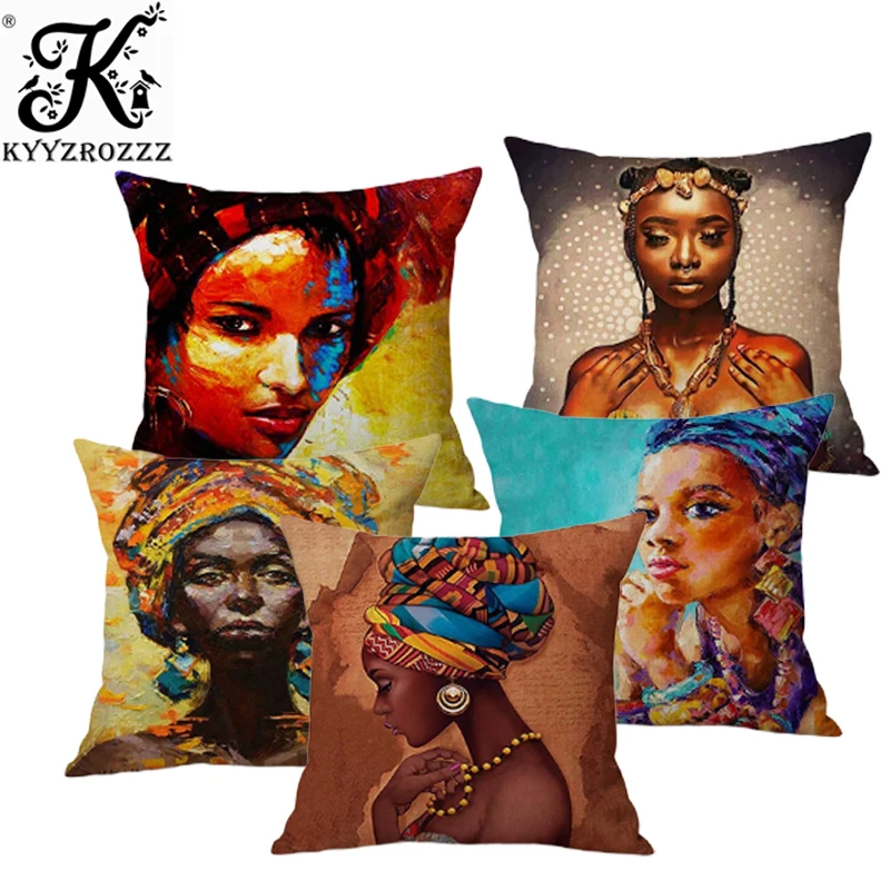 

Fashion African Girl Lady Oil Painting Black Women Home Art Decoration Sofa Throw Pillow Case Cotton Linen Cushion Cover 45x45cm