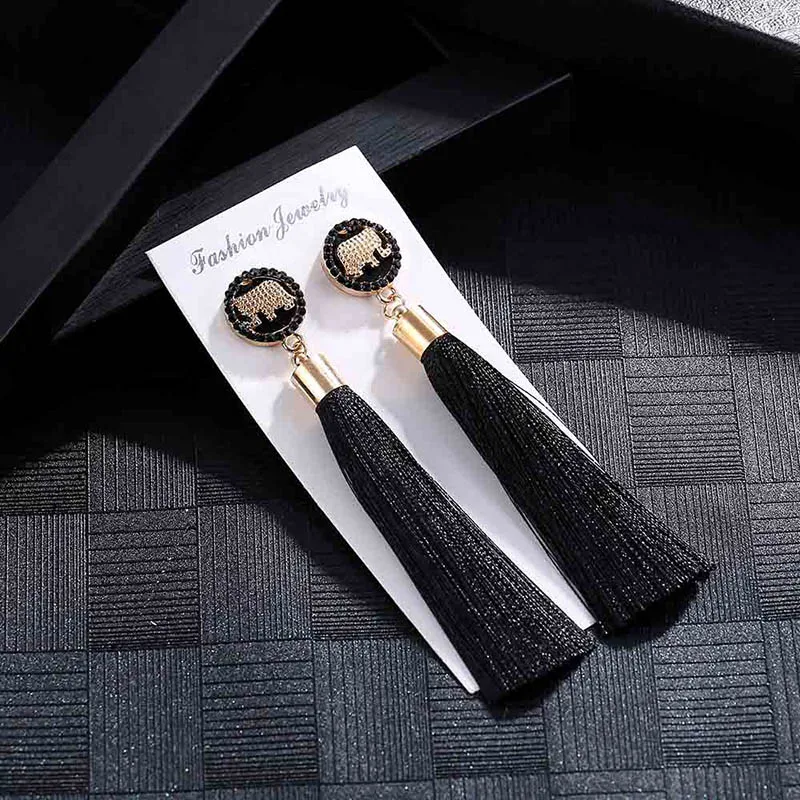 E6093 Trendy Drop Earrings ElephantWomenLongBohemianBlueSilkBalckDangleMetalBohoGold Tassel Earrings 2018 Jewelry