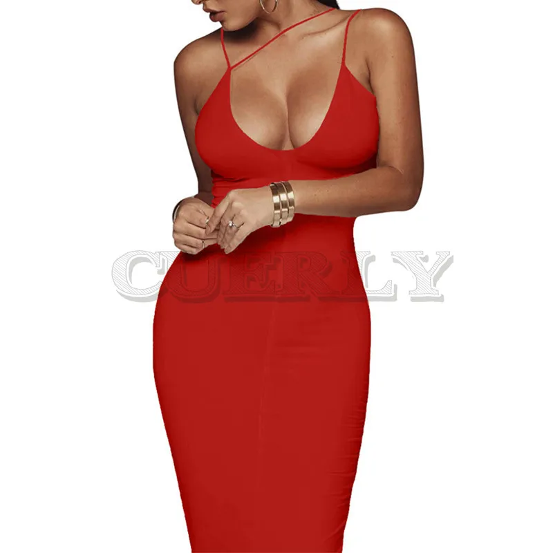 Image CUERLY Sexy Night Club Backless Long Dress Women V Neck Sleeveless CUERLY Strap Dress Elegant Party Bodycon Dress Evening