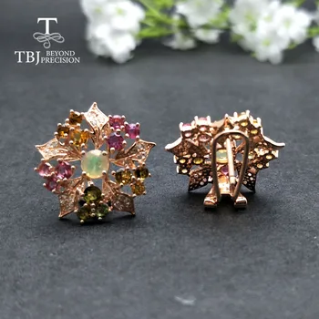 

TBJ,new style colorful tourmaline match opal flower earrings natural gemstone 925 silver rose gold color fine jewelry for lady