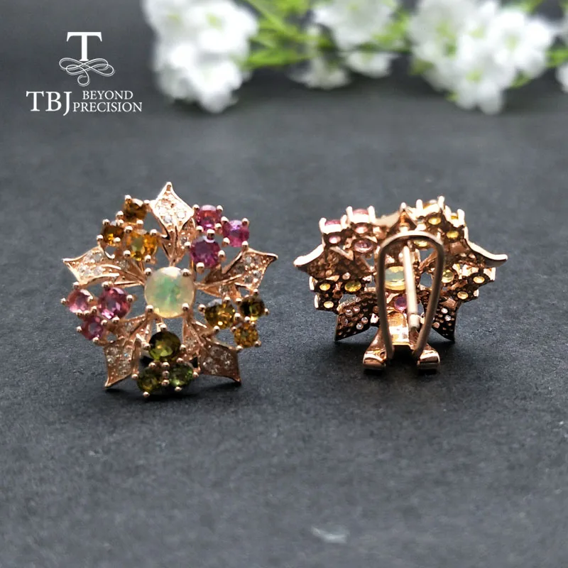 Женские серьги с опаловым цветком TBJ цветные турмалиновые из серебра 925 пробы