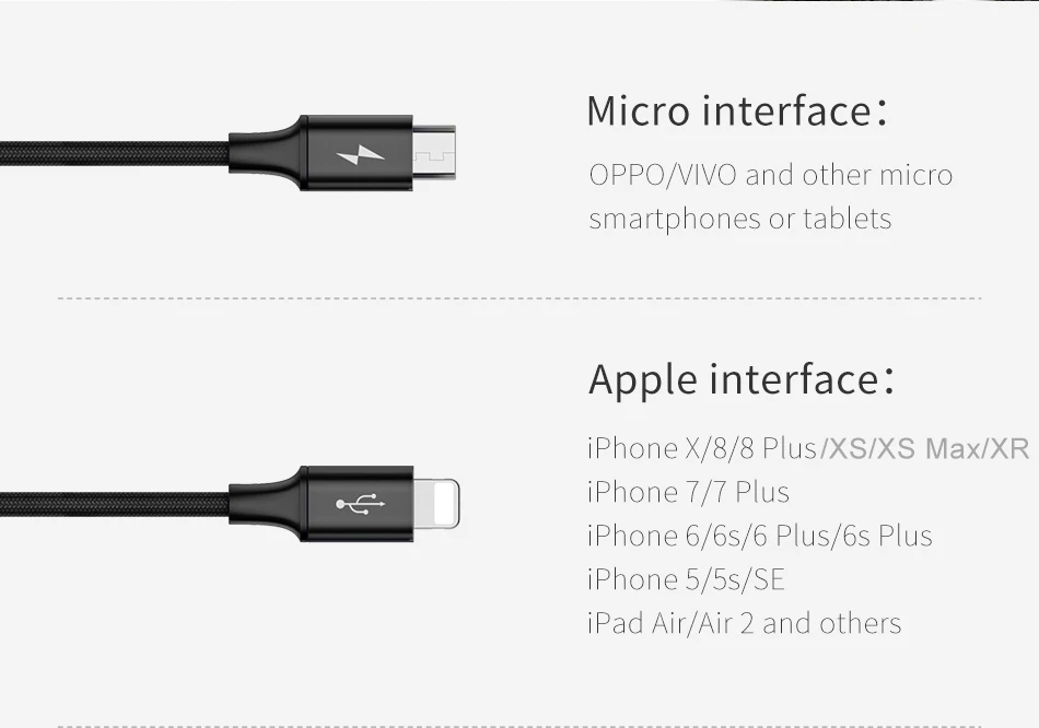 Baseus 2 in 1 USB Cable For iPhone Xs Max Xr X 8 7 6 Fast Charging Charger Micro USB Cable Android Mobile Phone Microusb Cable