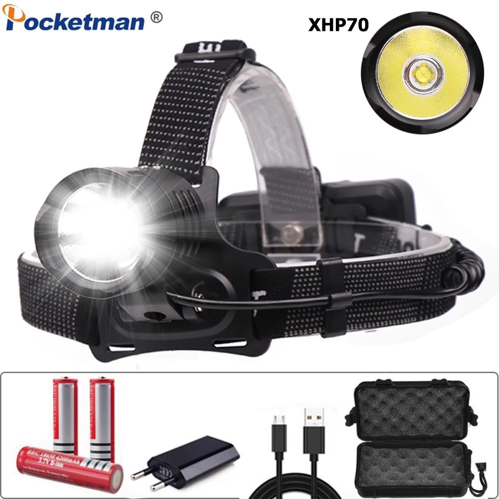 

New 52000LM Powerful Bright Headlamp XHP70 LED Headlight USB Rechargeable Head Torch Waterproof lantern by 3*18650 Battery