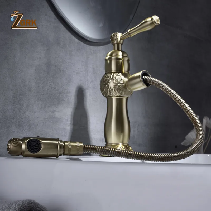 

ZGRK Basin Faucets Bath Antique Finish Brass Pull Out Bathroom Basin Sink Faucet Vanity Faucet Wash Mixer Taps Crane SLT140