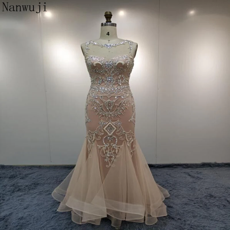 

In stock Elegant Blush Evening Dresses Mermaid Long Beading Crystals Real Photo Sexy Sheer Neck Prom Party Gowns Robe de Soiree