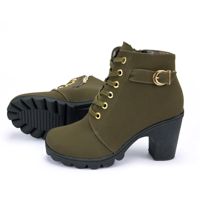 Ботильоны женские г. Новые элегантные туфли на квадратном каблуке Женские однотонные Винтажные ботинки на меху на высоком каблуке Женская обувь на шнуровке - Цвет: Army Green