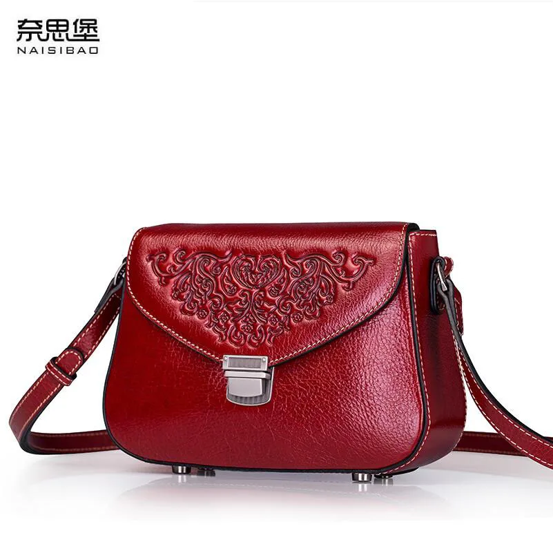  Genuine Leather women bag Chinese wind embossed shoulder bag 2018  new leisure wild shoulder Messenger bag Shell package