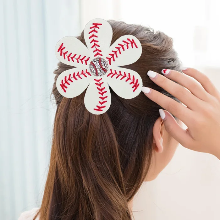Softball Flower leather Hair clips Leather Seamed Softball Hair Bows
