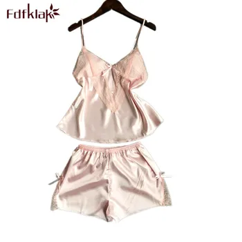 

Fdfklak Women Silk Pyjamas Set Sexy Sleeveless Shorts Pajamas Womens Sleepwear Lace Satin Ladies Pijamas Suit Night Wear