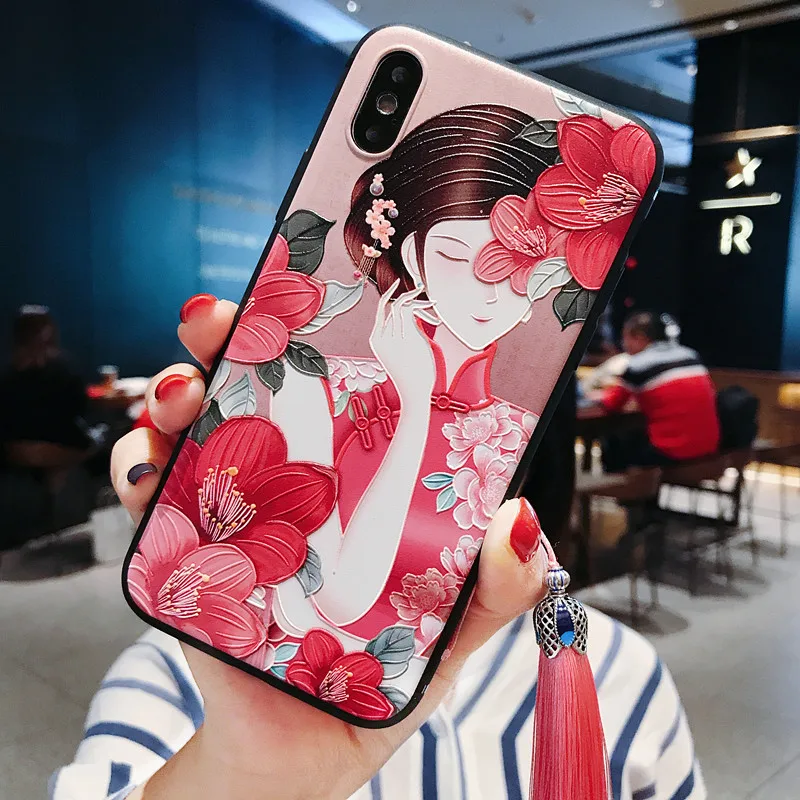 Китайский стиль тисненый чехол для телефона с кисточкой для iPhone 11 Pro Max XS MAX XR мягкая задняя крышка для iPhone X 8 7 6S 6 Plus Coque - Цвет: 22