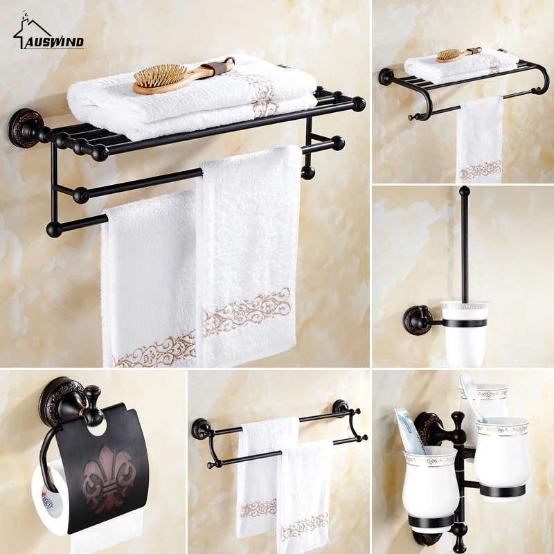 

Black Crown Base Copper Towel Rack Hook Bath Hardware Set European Antique Black Bronze Tissue Box Shelf Bathroom Accessories YM