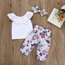 Комплект одежды для новорожденных девочек, летняя рубашка без рукавов, Топы+ штаны с цветочным принтом+ повязка на голову, комплект одежды с оборками для детей 18 месяцев, Новинка