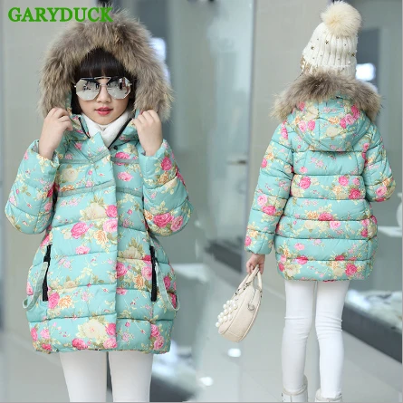 

GARYDUCK 2017 Winter Girls Jacket kids high quality Hooded Printed Flowers Zipper Winter Coat Long Children's Outerwear 3-12Y