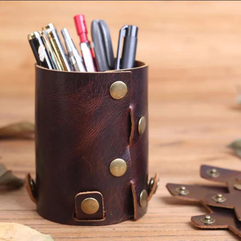 Handmade Genuine Leather Desk Stationery Organizer Cylindy Detachable Pen Holder Pen Case For Office Accessories House 