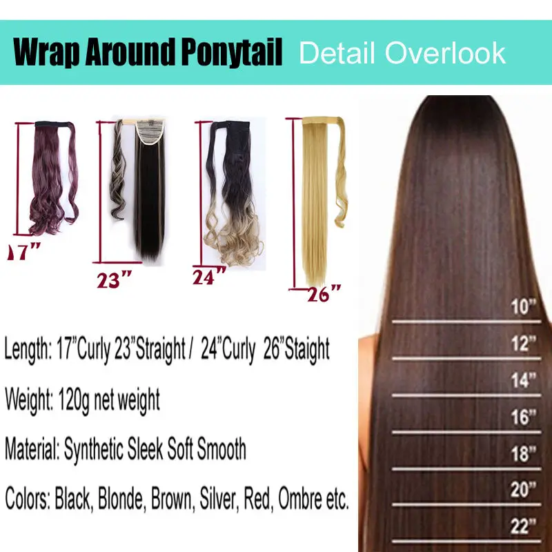 SNOILITE 23-26inch Long straight Real Natural Ponytail Clip in Pony tail Hair Extensions Wrap Around on Synthetic Hair Piece