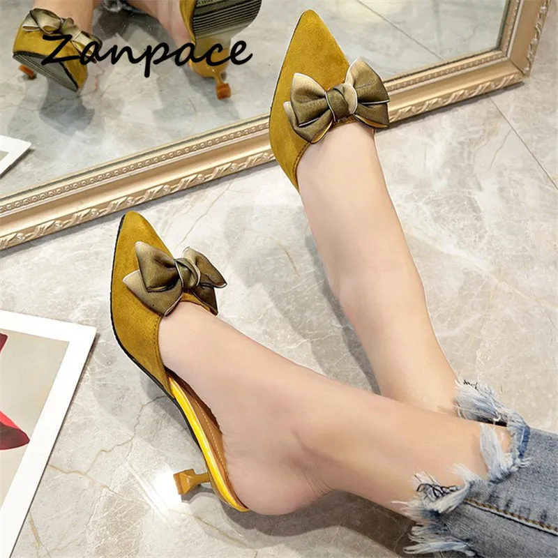 

ZANPACE New Fashion Slippers Women's Shoes Joker Sexy Sandals 6cm High Heel Slip On Slippers Bow Pointed Toe Ladies Flip Flops