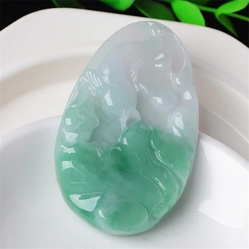 

Natural Emerald lce-colored Green Jade Pendant Lotus Leaf Carp Pendant Hand Carved With Lanyard