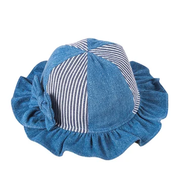 

Panama Bow Baby Girls Hat Cowboy Fashion Baby Bucket Hat Spring Autumn Striped Double Layer Kids Hat For Girls Cotton Denim Hat