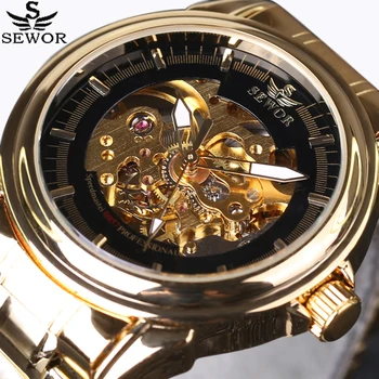 

Famous Brand SEWOR Men Gold Watch Luxury Fashion Stainless Steel Mechanical Skeleton Watch Business For Men Wristwatch 2016 New