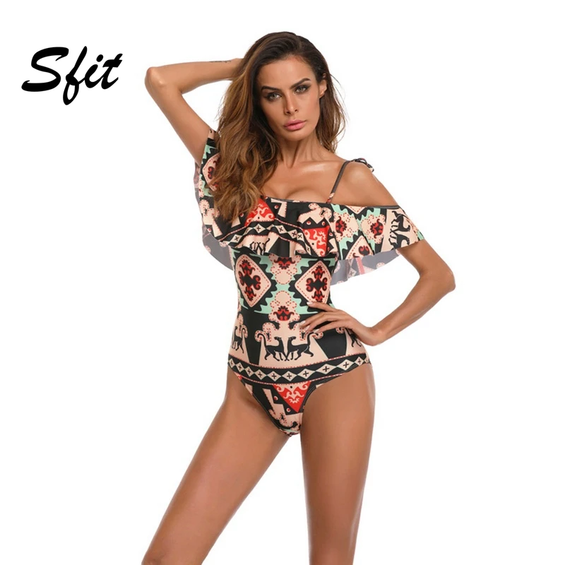 

Sfit 2019 Women Piece Printed Off Shoulder Flounce Ruffled Monokini Swimsuits Color Swimwear Bathing Suit