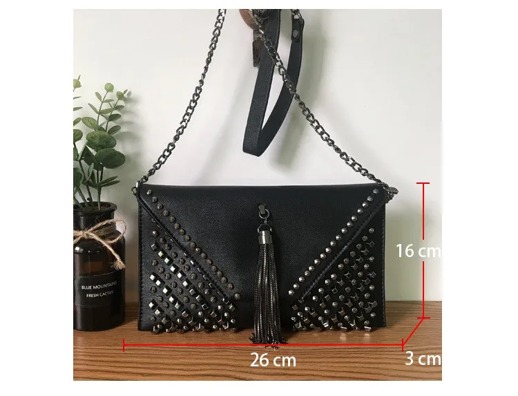 NIGEDU Punk rivet Women envelope clutch bag chain tassel women messenger bag female Crossbody bag  (16)