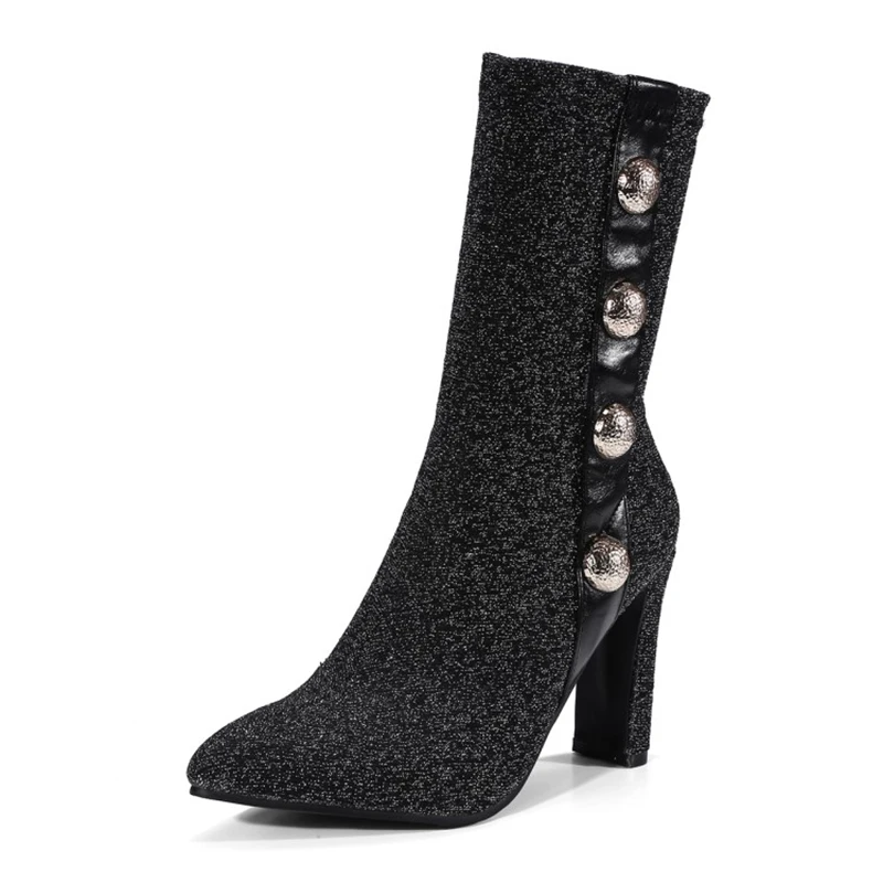 

Black Women Sock Boots Stretch Fabric Slip On 9 CM High Heels Pointed Toe Ankle Boots Women Pumps Stiletto Ladies silvery Shoes